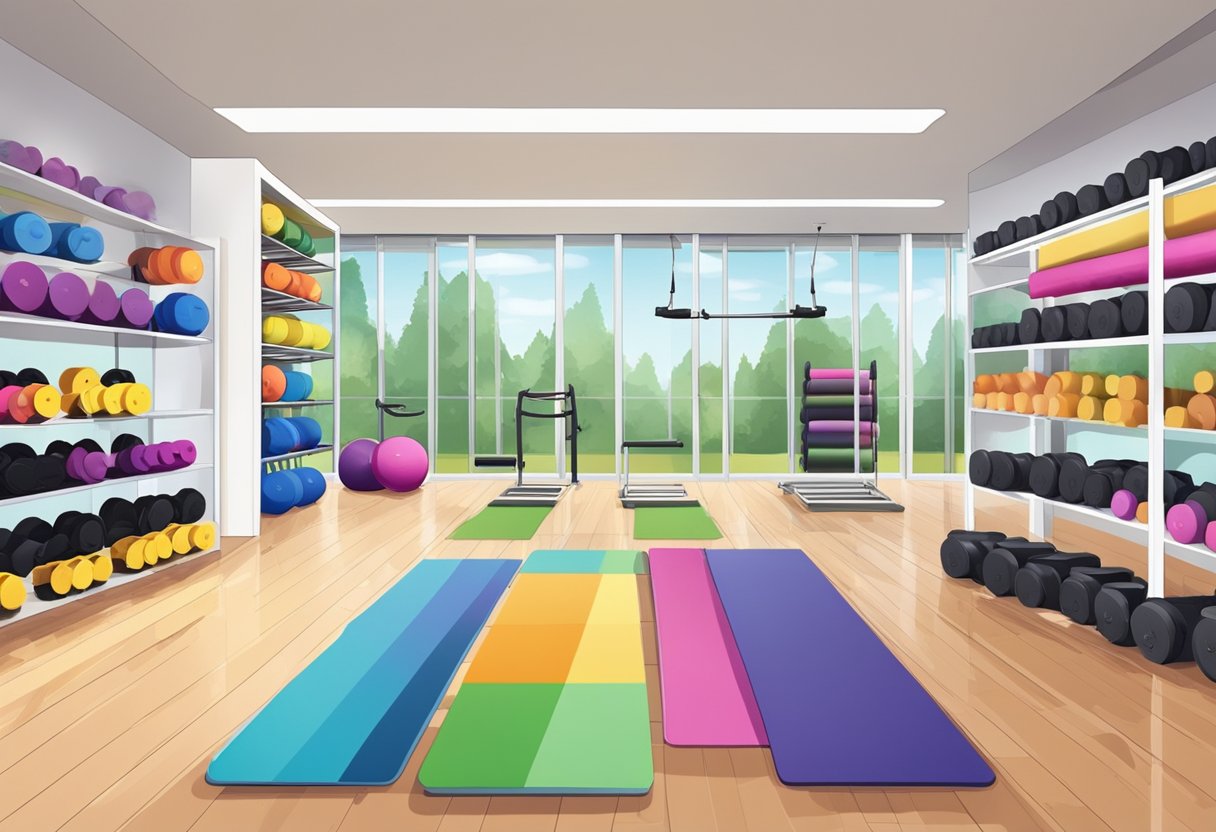 A spacious room with rubber flooring, mirrored walls, and vibrant motivational quotes. Dumbbells, resistance bands, and a yoga mat are neatly organized on shelves