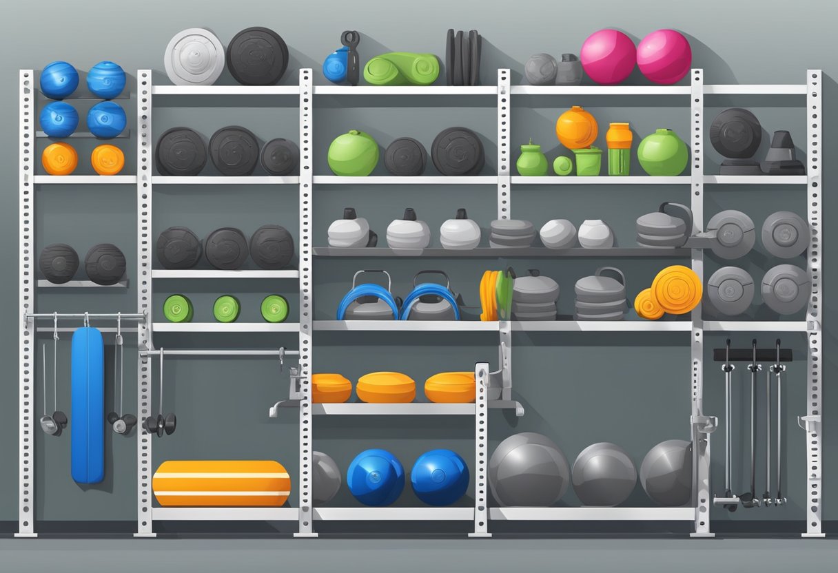 Gym equipment neatly organized on wall-mounted shelves and hooks. Labels and color-coded sections for easy access and storage