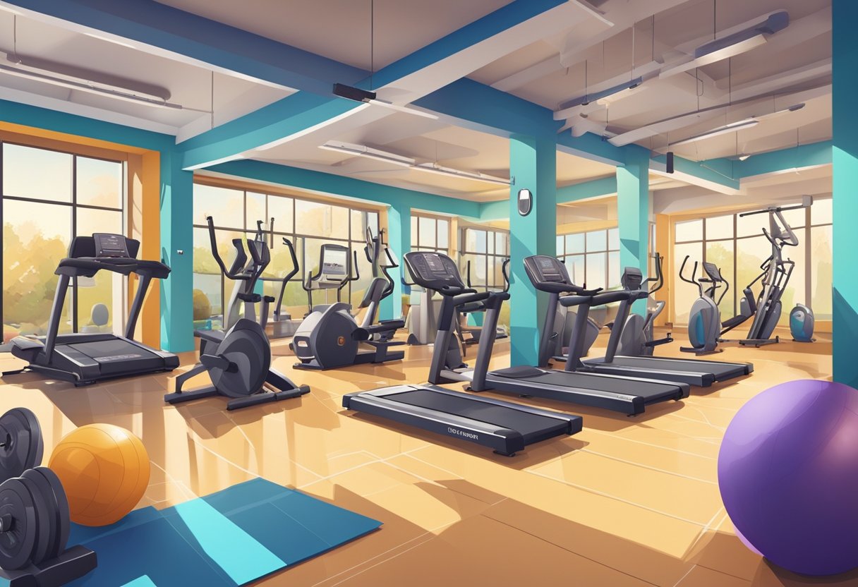 A spacious gym with various workout zones, from free weights to cardio machines, surrounded by motivational quotes and colorful murals