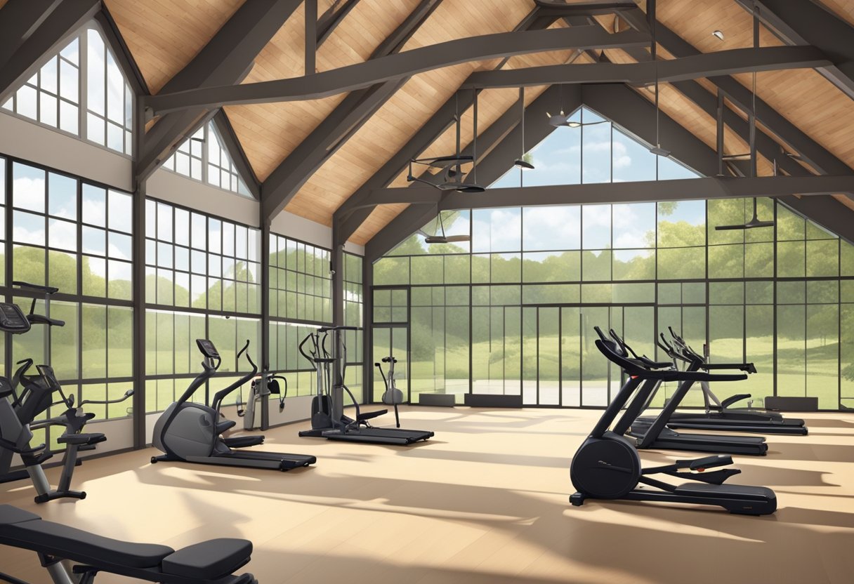 A spacious pole barn with high ceilings and natural lighting, equipped with gym equipment and mats. Windows and open doors reveal surrounding nature