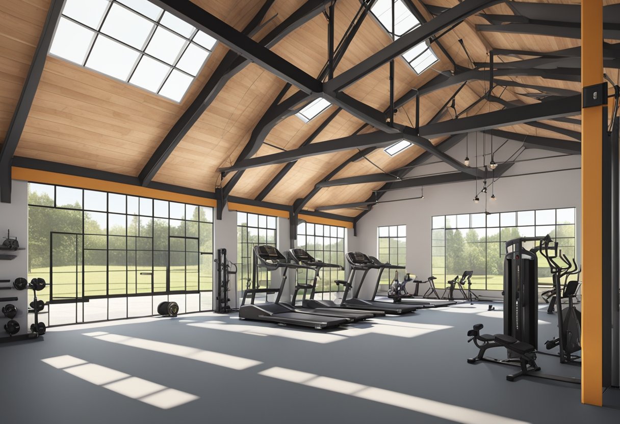 A spacious pole barn gym with natural lighting, rubber flooring, and industrial-style equipment. Open layout with high ceilings and minimalistic decor