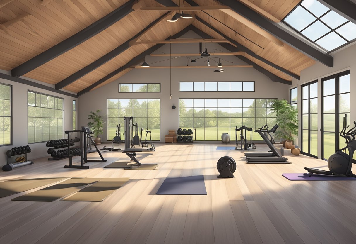 A spacious pole barn with gym equipment, including weights, cardio machines, and yoga mats. Large windows let in natural light, and the space is clean and organized