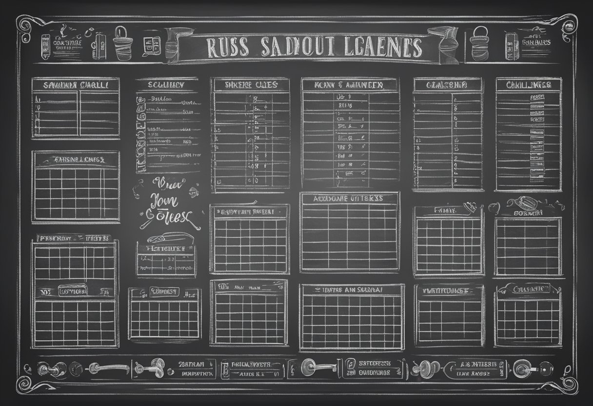 A gym chalkboard with workout schedules, motivational quotes, and fitness challenges