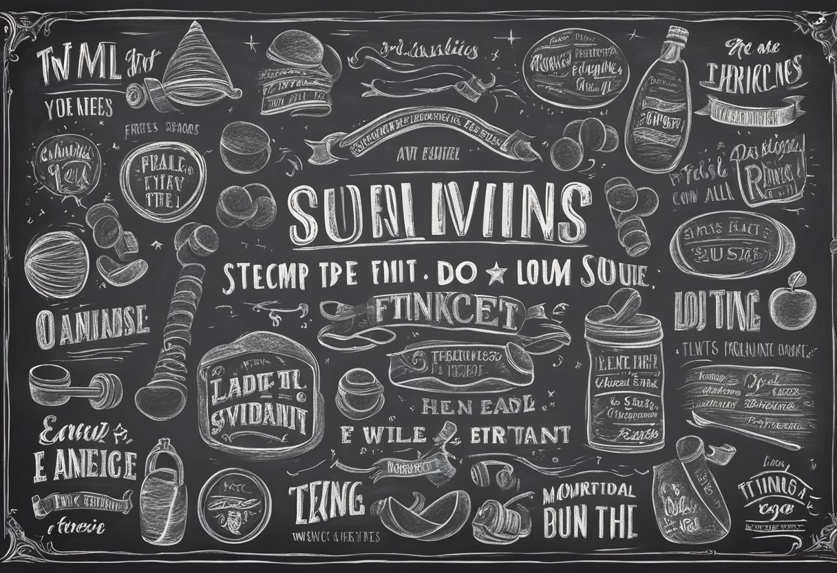 A chalkboard with motivational fitness quotes and exercise illustrations