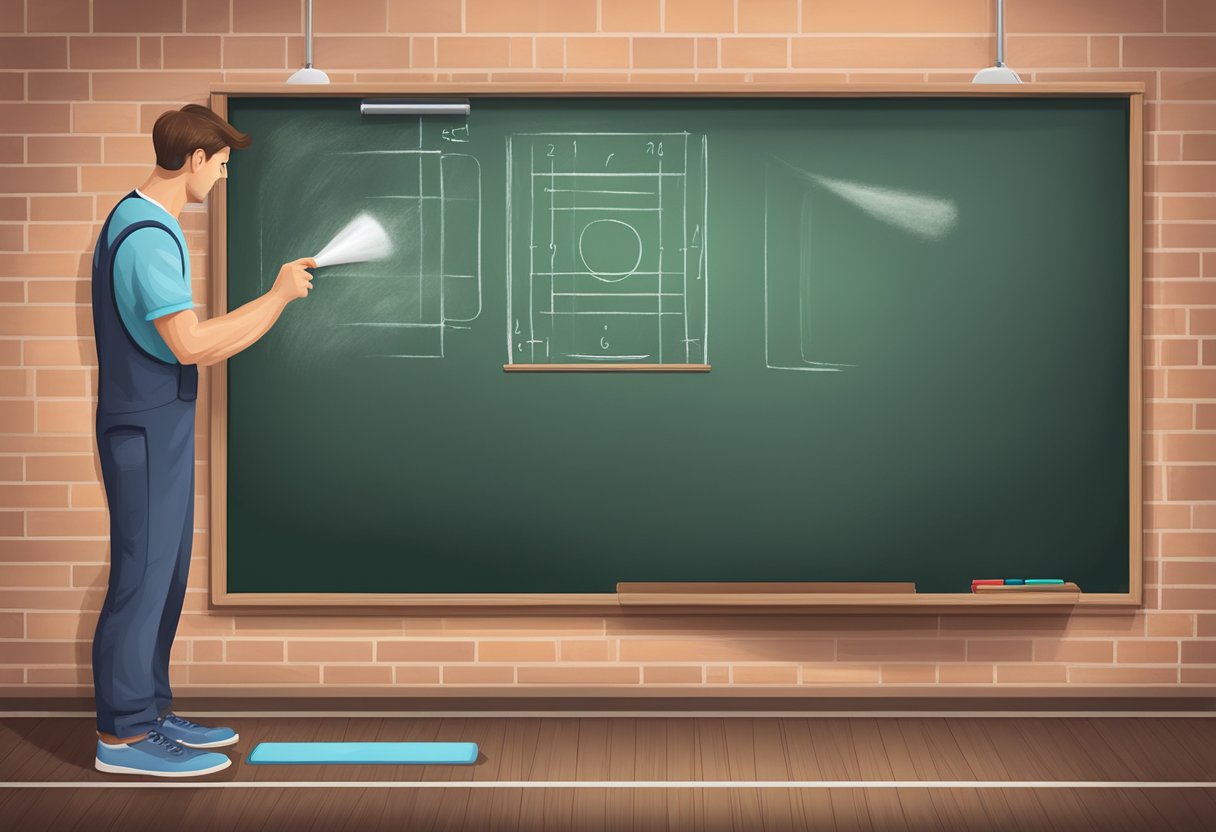 A person cleans gym chalkboard with eraser and spray, hangs chalk tray