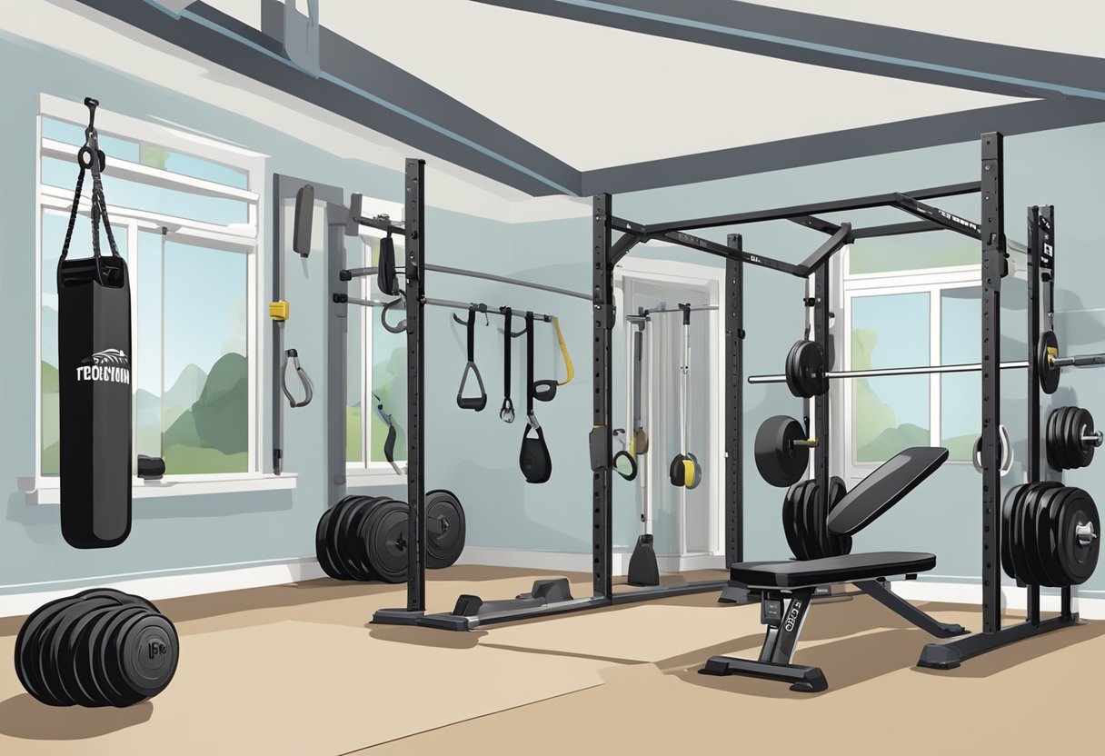 A spacious garage with gym equipment neatly organized, including barbells, kettlebells, ropes, and a pull-up bar. Large mirrors line the walls, and a motivational quote is painted on one side