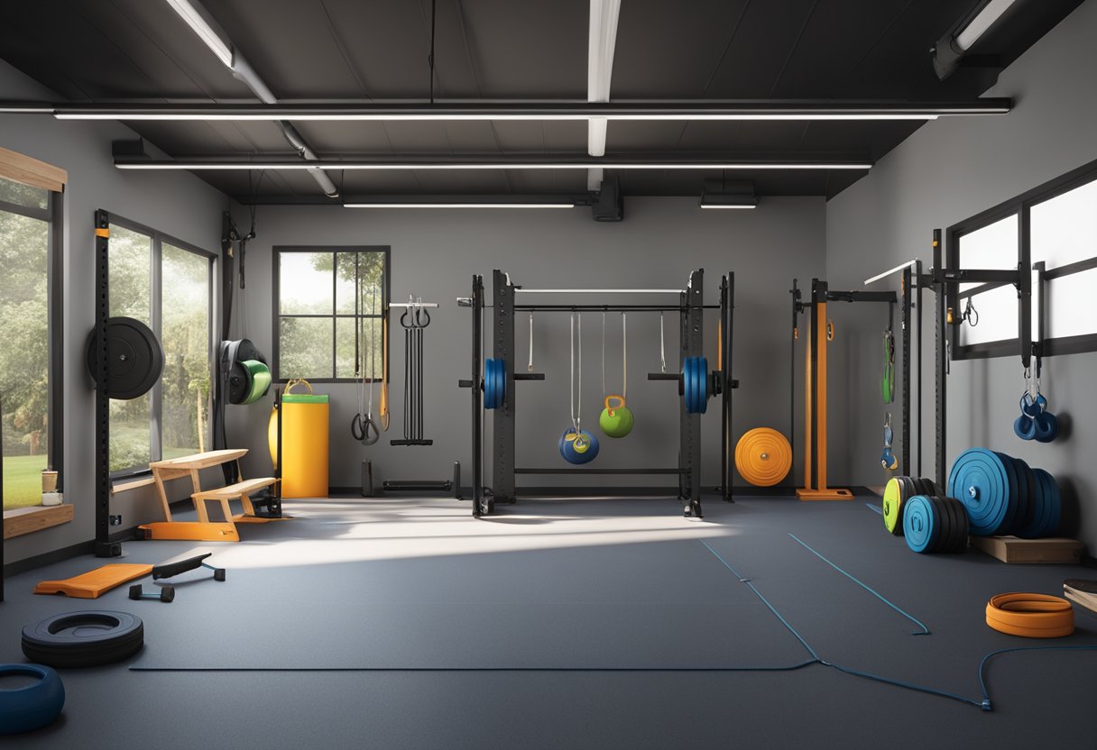 A garage gym with a squat rack, barbells, kettlebells, jump ropes, and plyometric boxes. Mats and chalk buckets are scattered around the space