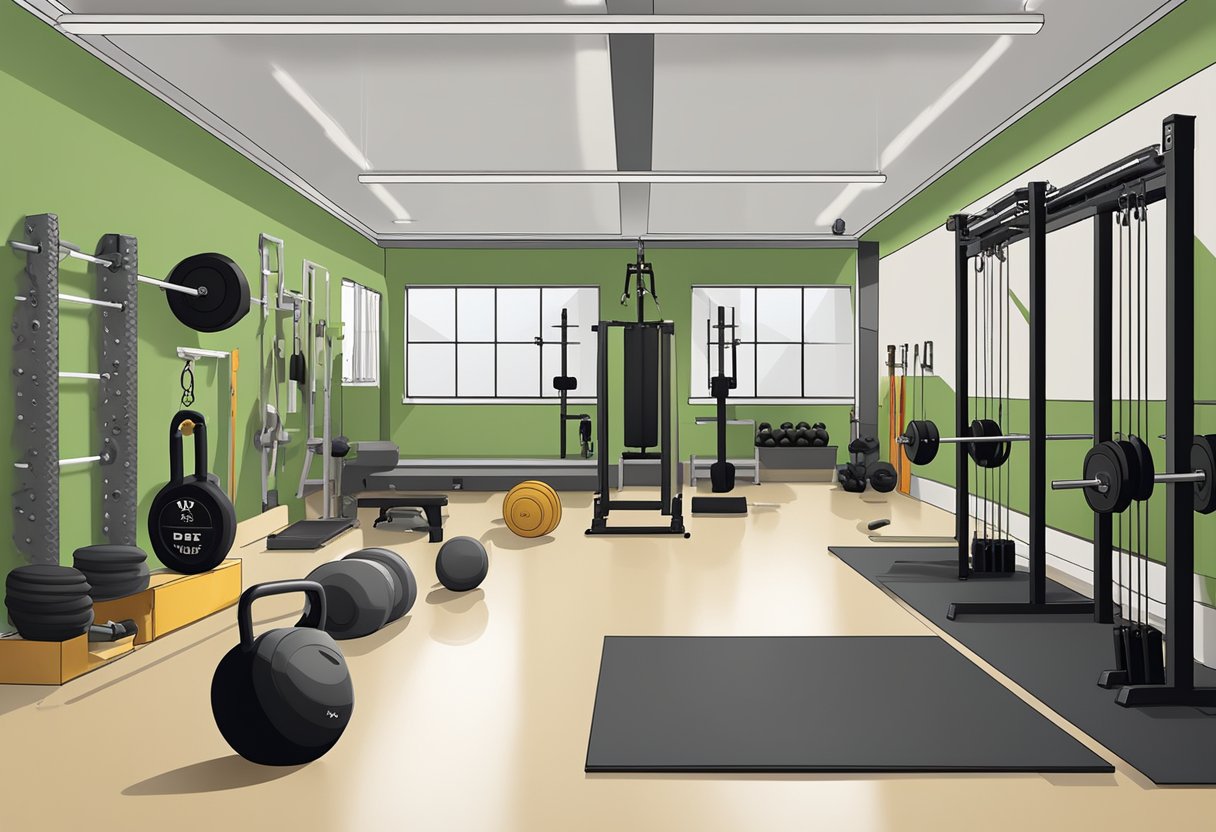 A well-equipped garage gym with CrossFit equipment, including barbells, kettlebells, pull-up bars, and a plyometric box. The space is organized and clean, with motivational quotes on the walls