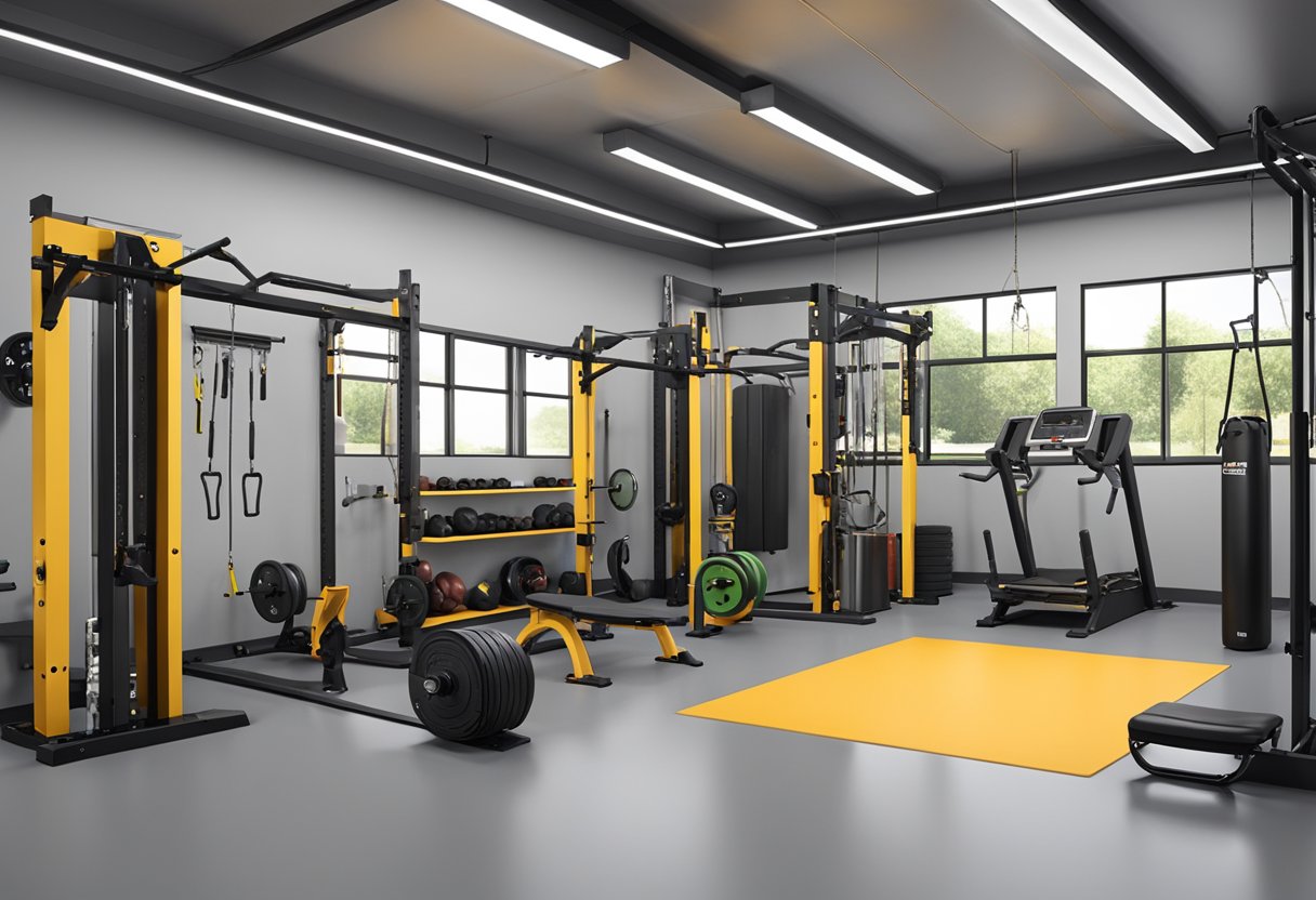 A well-organized garage gym with durable equipment and clear safety guidelines