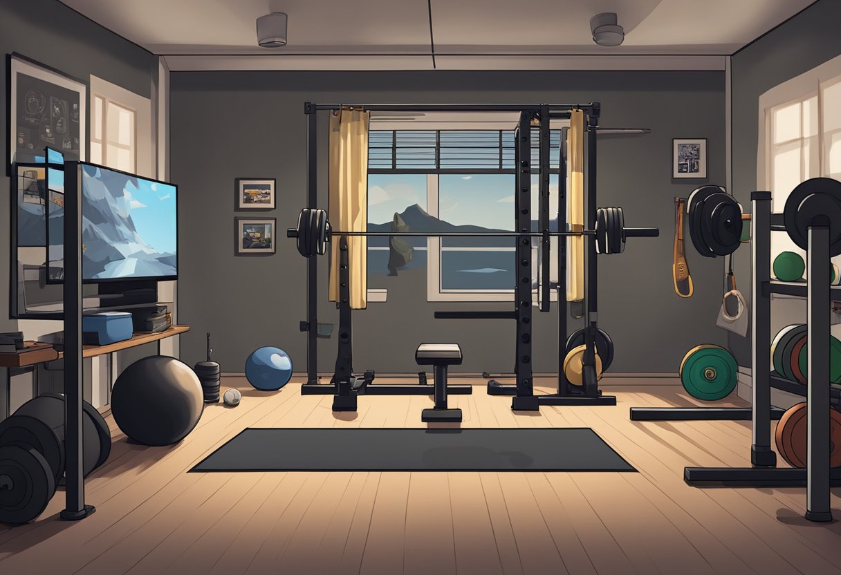 A dimly lit man cave gym with a wall-mounted TV, weightlifting equipment, and motivational posters