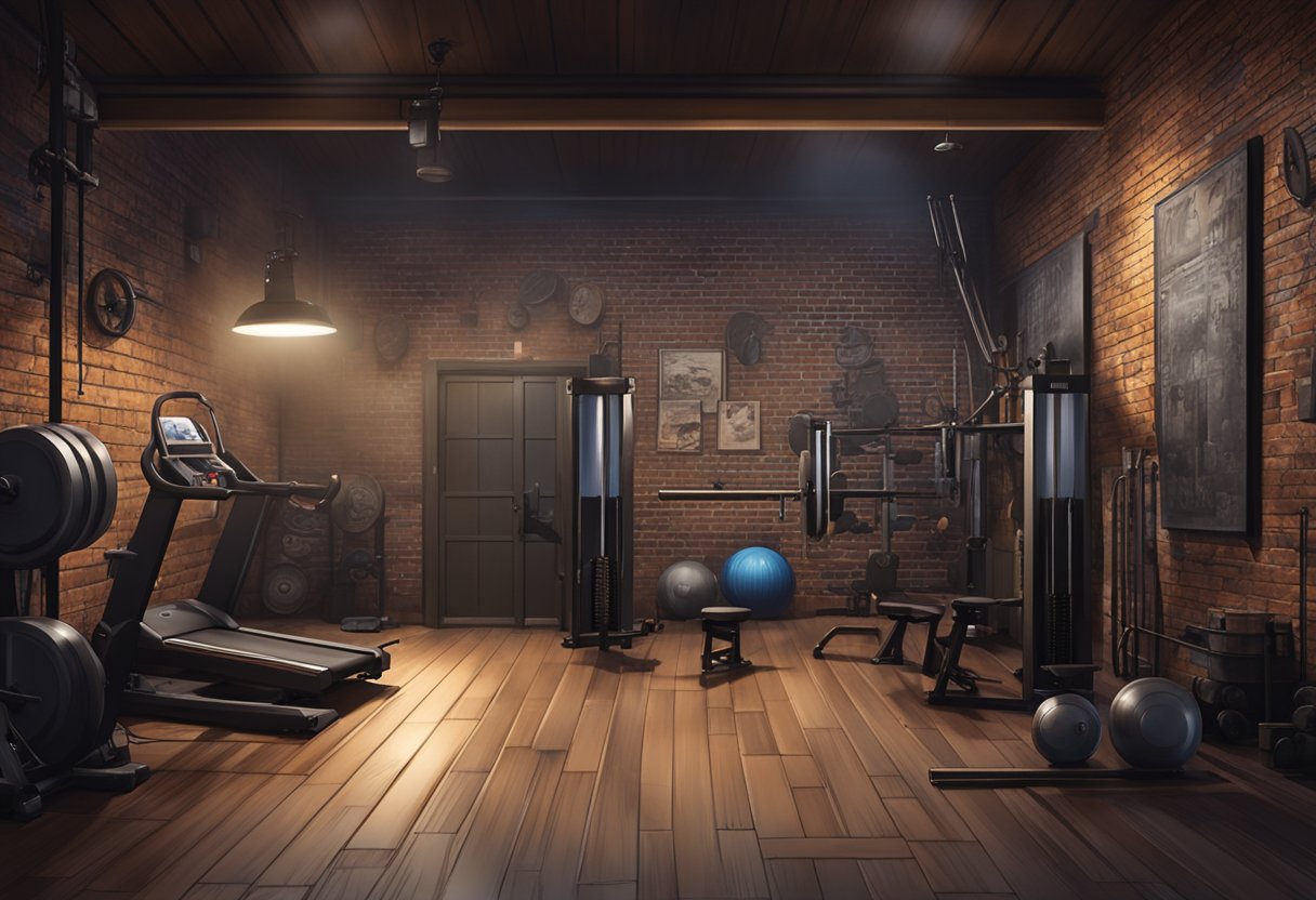 A dimly lit man cave gym with industrial decor, exposed brick walls, and vintage gym equipment creating a rugged and masculine ambiance