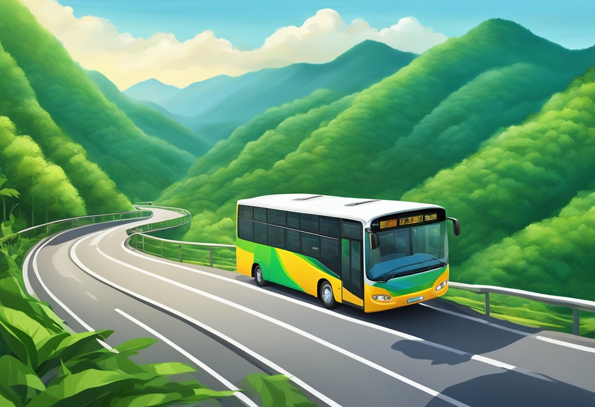 A colorful bus speeds down a winding road with lush green mountains in the background, as it makes its way towards the border of Malaysia