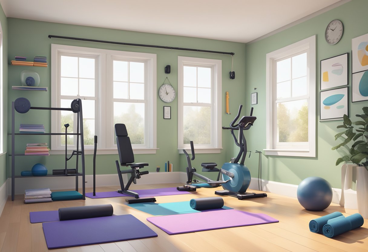 A small, well-organized room with a yoga mat, dumbbells, resistance bands, and a compact exercise machine. The space is bright and airy, with motivational posters on the walls