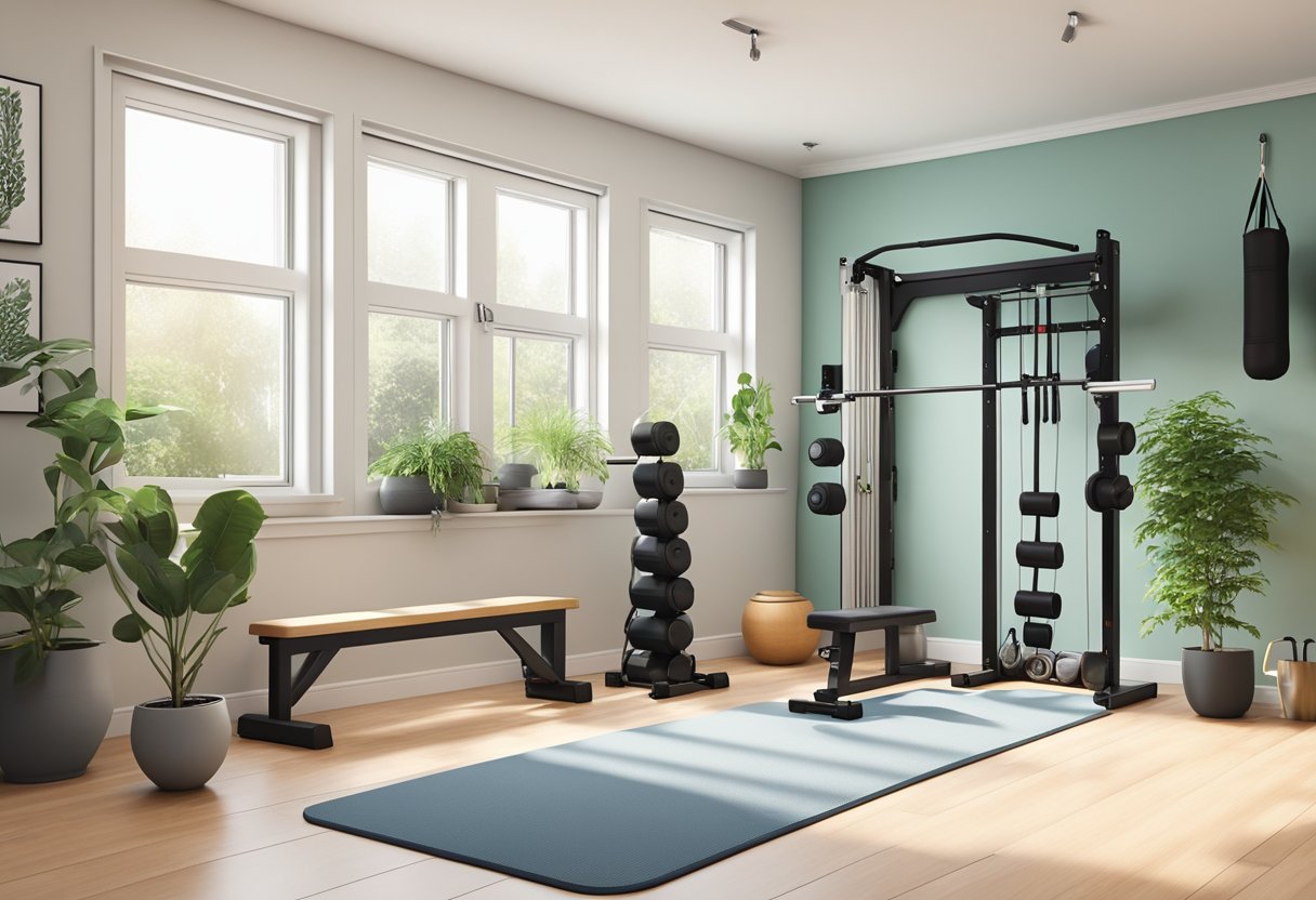 A compact home gym with dumbbells, resistance bands, yoga mat, jump rope, and adjustable bench. Wall-mounted storage for equipment. Bright, airy space with plants