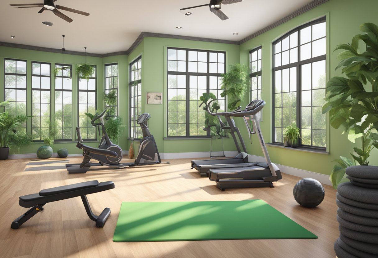 A well-lit, spacious home gym with large windows, motivational quotes on the walls, and vibrant green plants scattered throughout the room