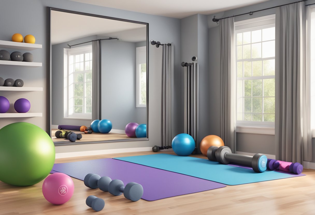 A small home gym with a yoga mat, dumbbells, resistance bands, and a stability ball. A mirror on the wall reflects the space