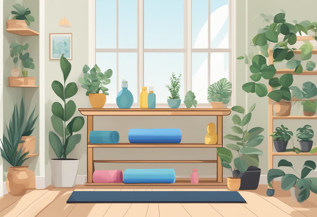 A cozy corner with a yoga mat, dumbbells, and resistance bands, surrounded by plants and natural light. Shelves hold towels and water bottles