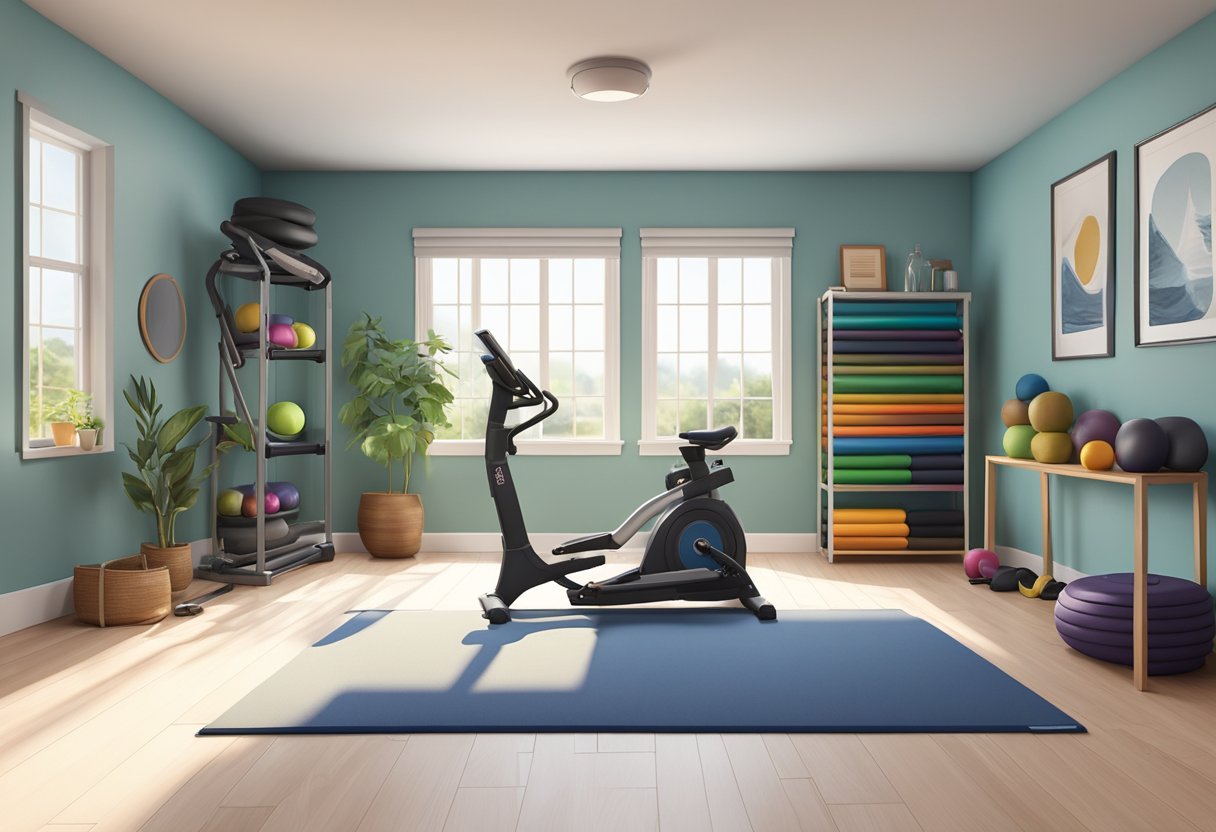 A small room with a variety of exercise equipment including dumbbells, resistance bands, yoga mats, and a compact cardio machine