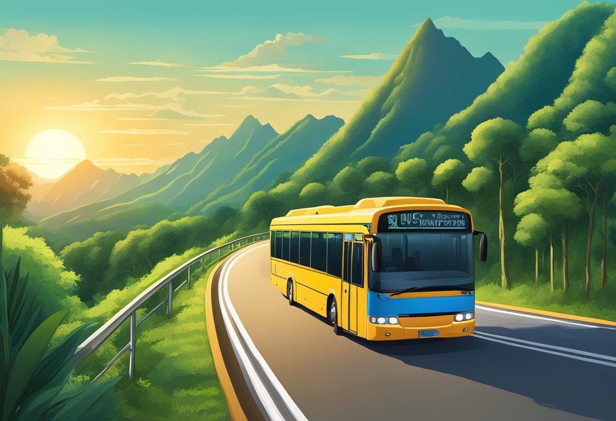 A bus travels along a winding road, surrounded by lush greenery and towering mountains in the distance. The sun casts a warm glow over the landscape as the bus makes its way to Malaysia