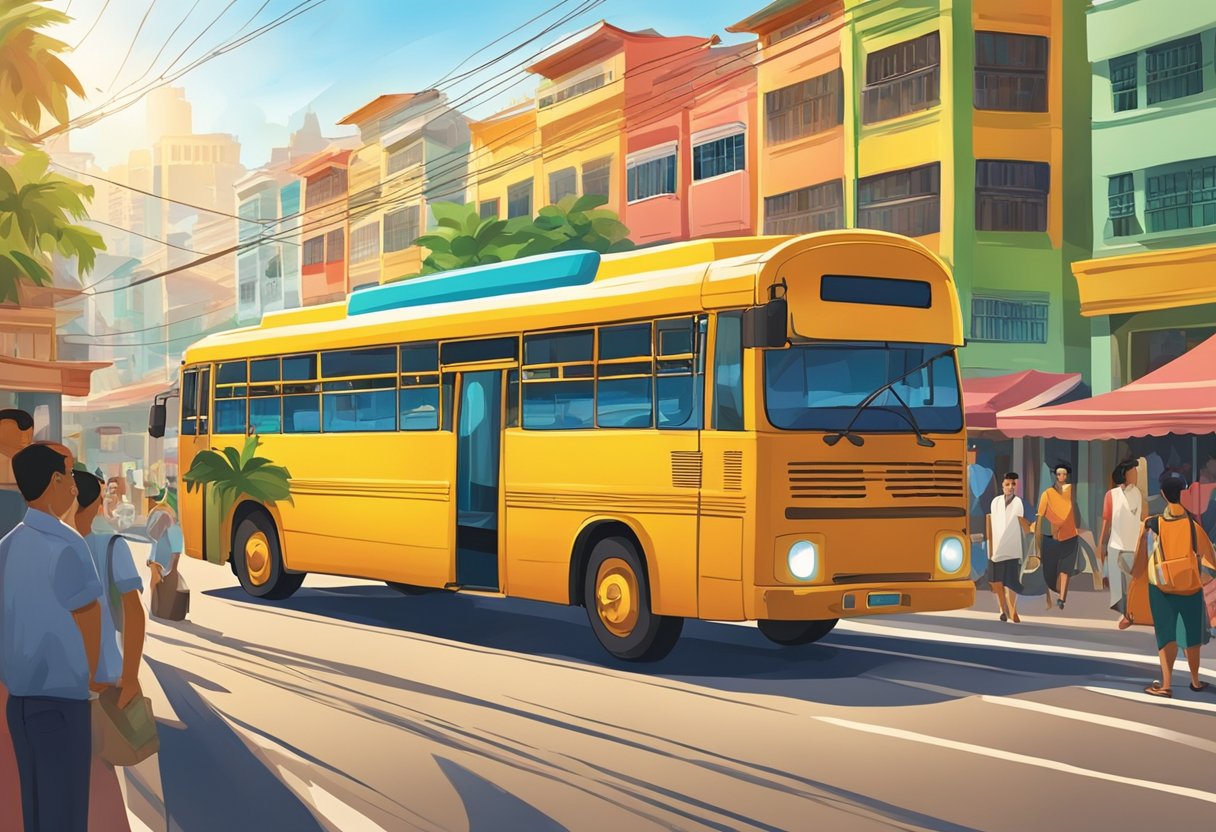 A bus arrives at a bustling Malaysian city, with vibrant street markets and colorful buildings lining the streets. The tropical sun casts a warm glow over the scene