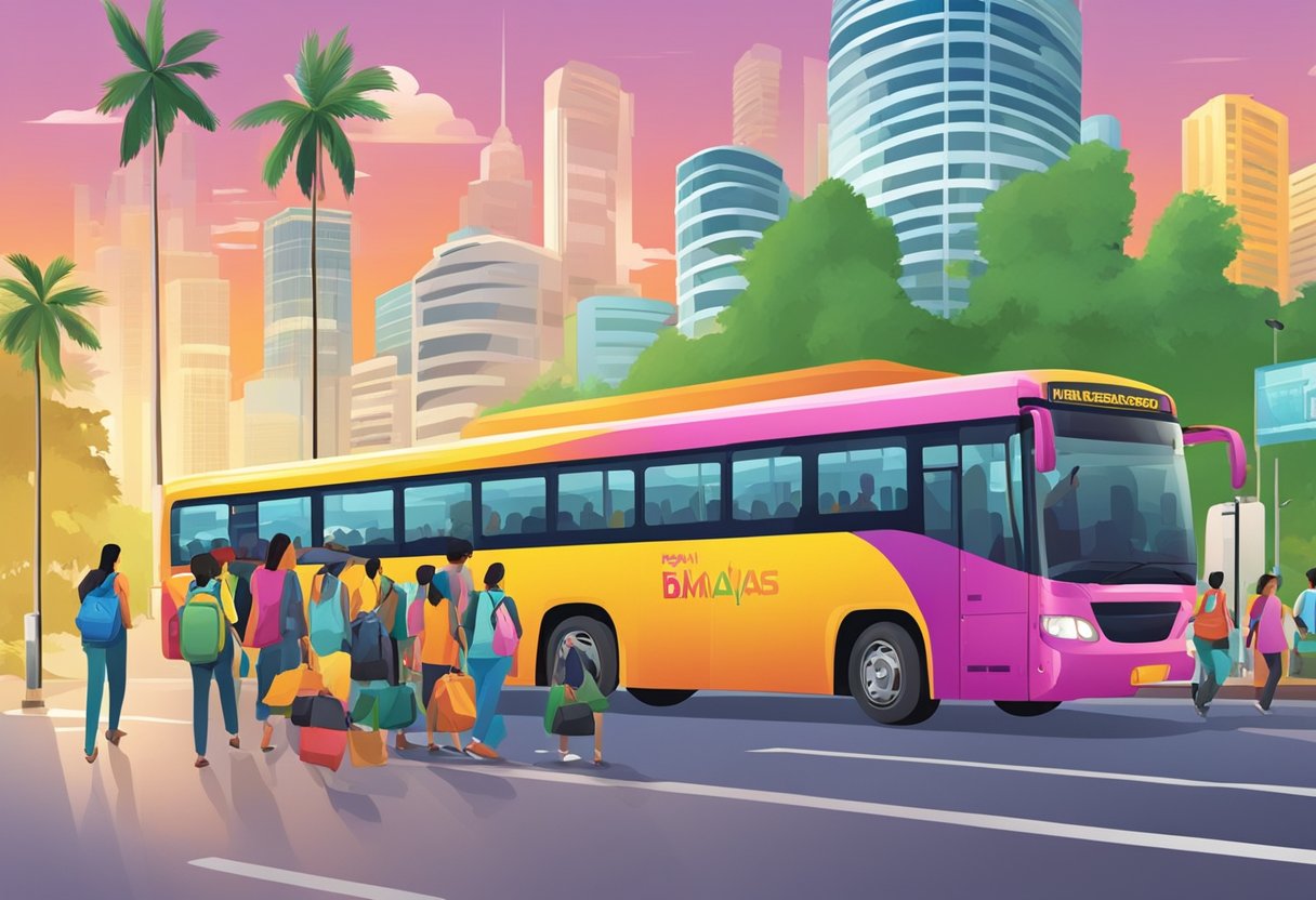 Passengers board a colorful bus with "Popular Destinations Bus To Malaysia" written on the side. The bus is parked in a busy city street with a vibrant and bustling atmosphere