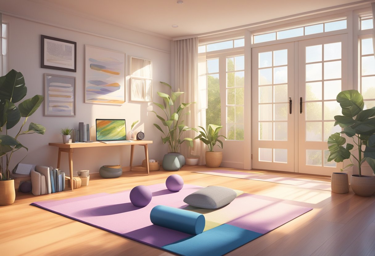 A bedroom with gym equipment, yoga mat, and motivational posters on the wall. Bright natural light streams in through the window, creating a serene and energizing atmosphere