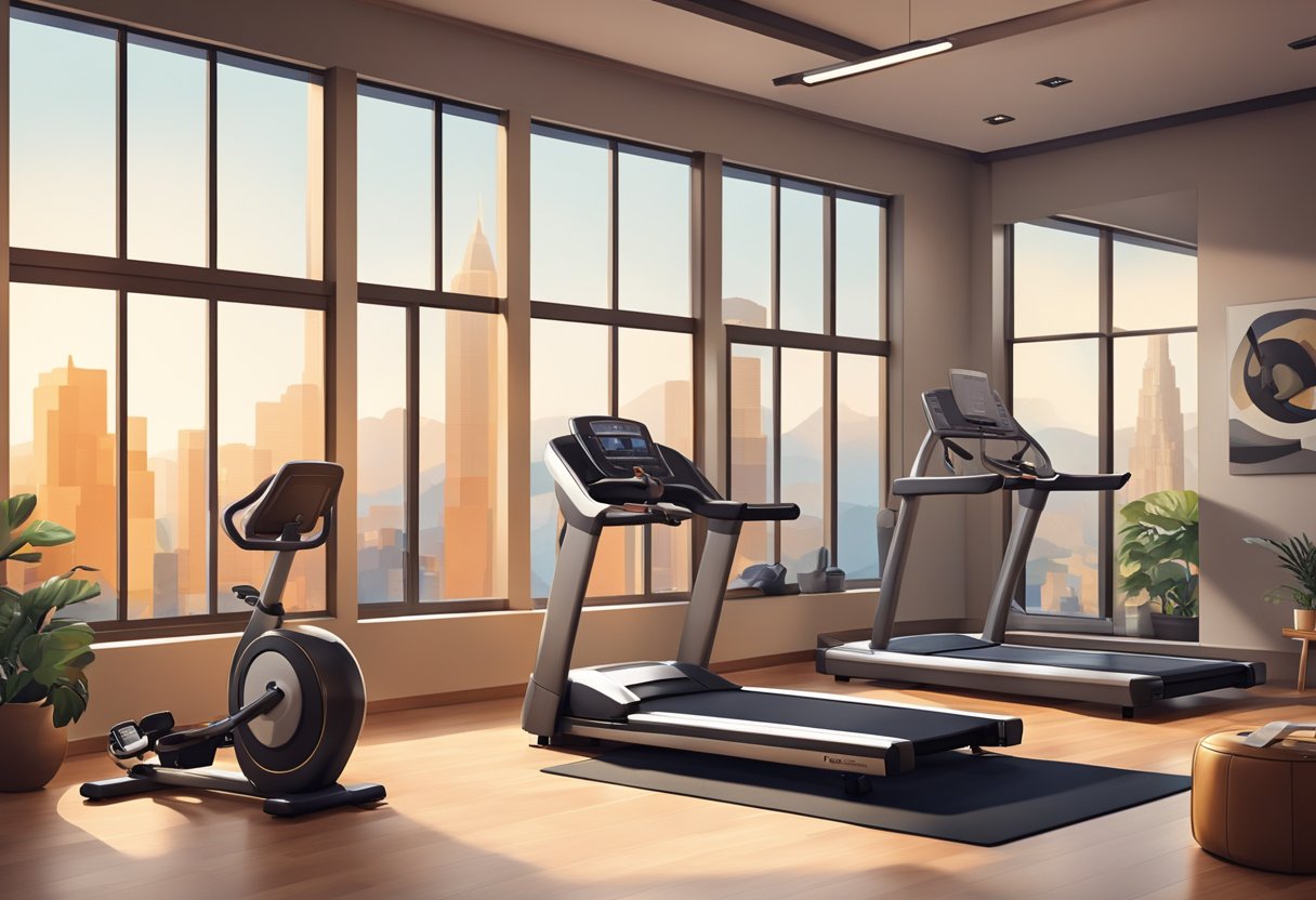 A modern gym with sleek equipment and large windows overlooks a cozy bedroom with warm, inviting decor