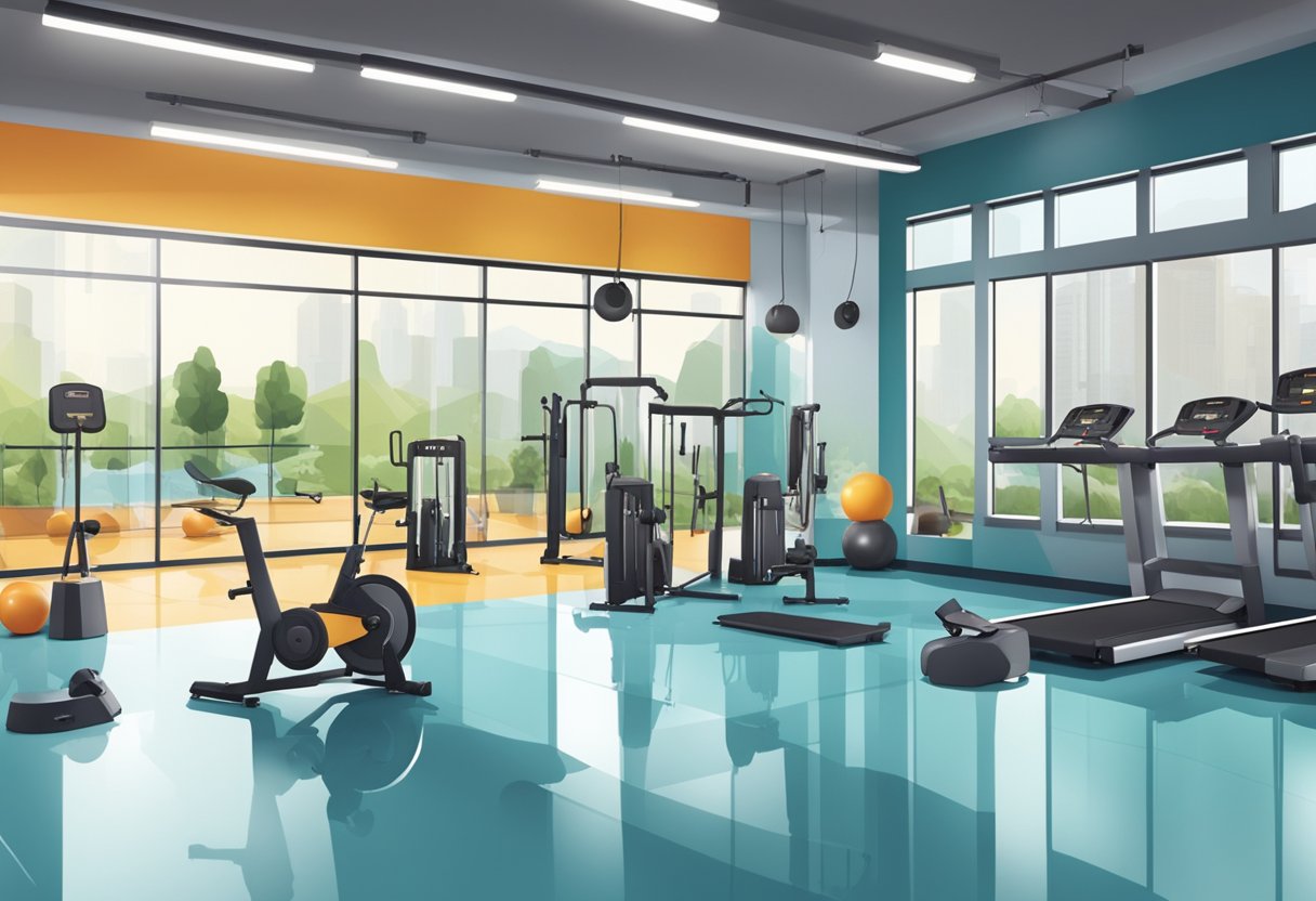 A spacious gym floor with bright, rubberized flooring and various workout equipment neatly arranged around the room. Mirrors line one wall, reflecting the open space