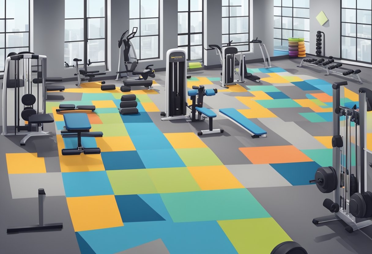 A spacious gym with rubber flooring, lined with colorful markings for different activities. Dumbbells and exercise equipment are neatly arranged in designated areas