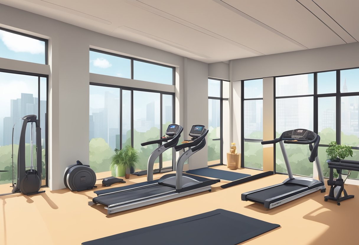 A spacious room with rubber flooring, wall-mounted mirrors, and large windows for natural light. Equipment includes a treadmill, weight rack, and yoga mat area