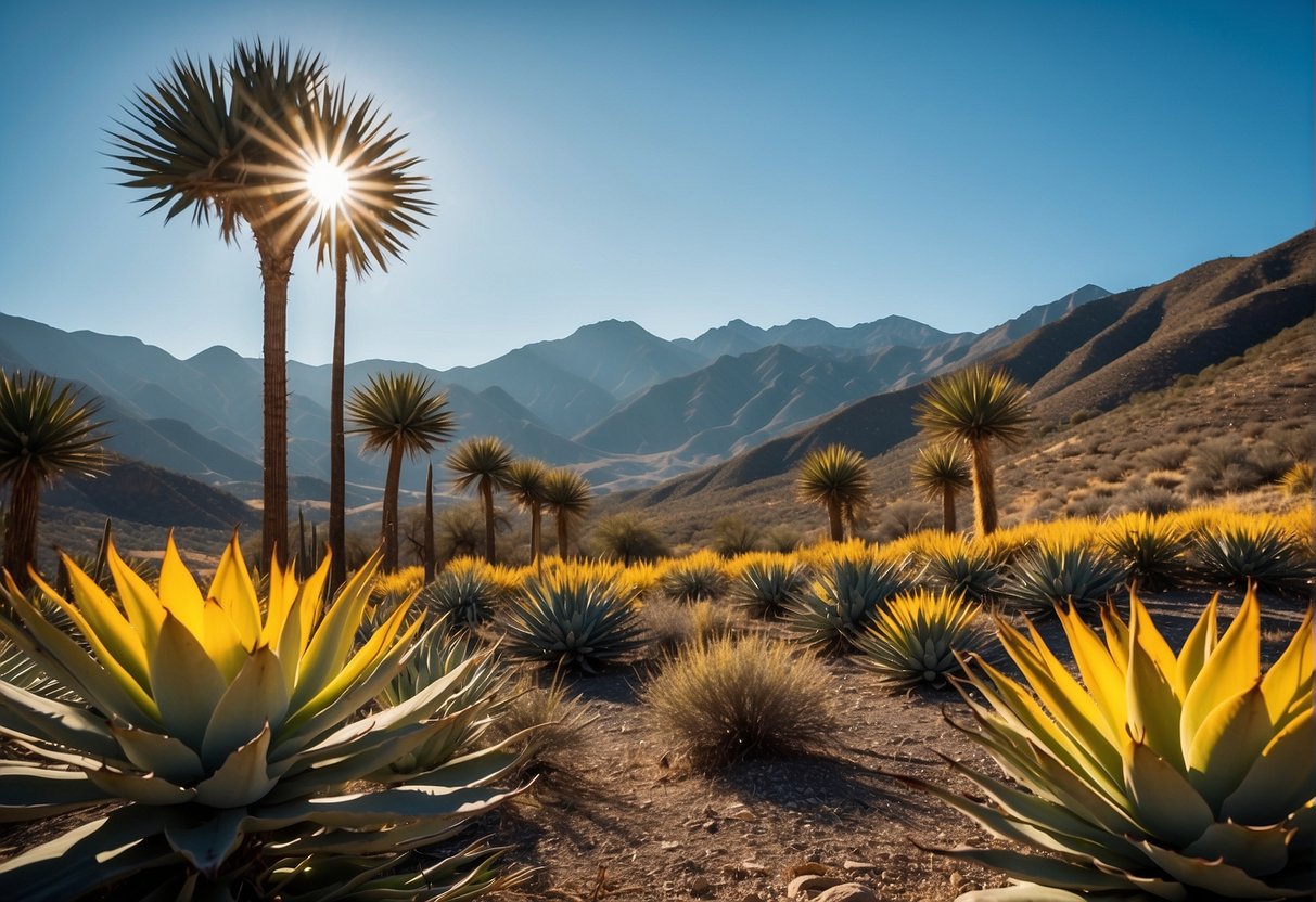 A sunlit agave field with vibrant yellow flowers and golden leaves, set against a backdrop of rugged mountains and a clear blue sky
