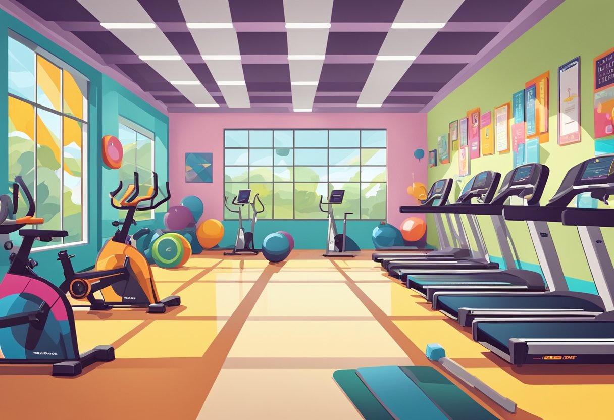 Brightly colored exercise equipment arranged in a spacious, well-lit gym. Motivational posters and vibrant wall decals adorn the walls, creating an energetic and inspiring atmosphere