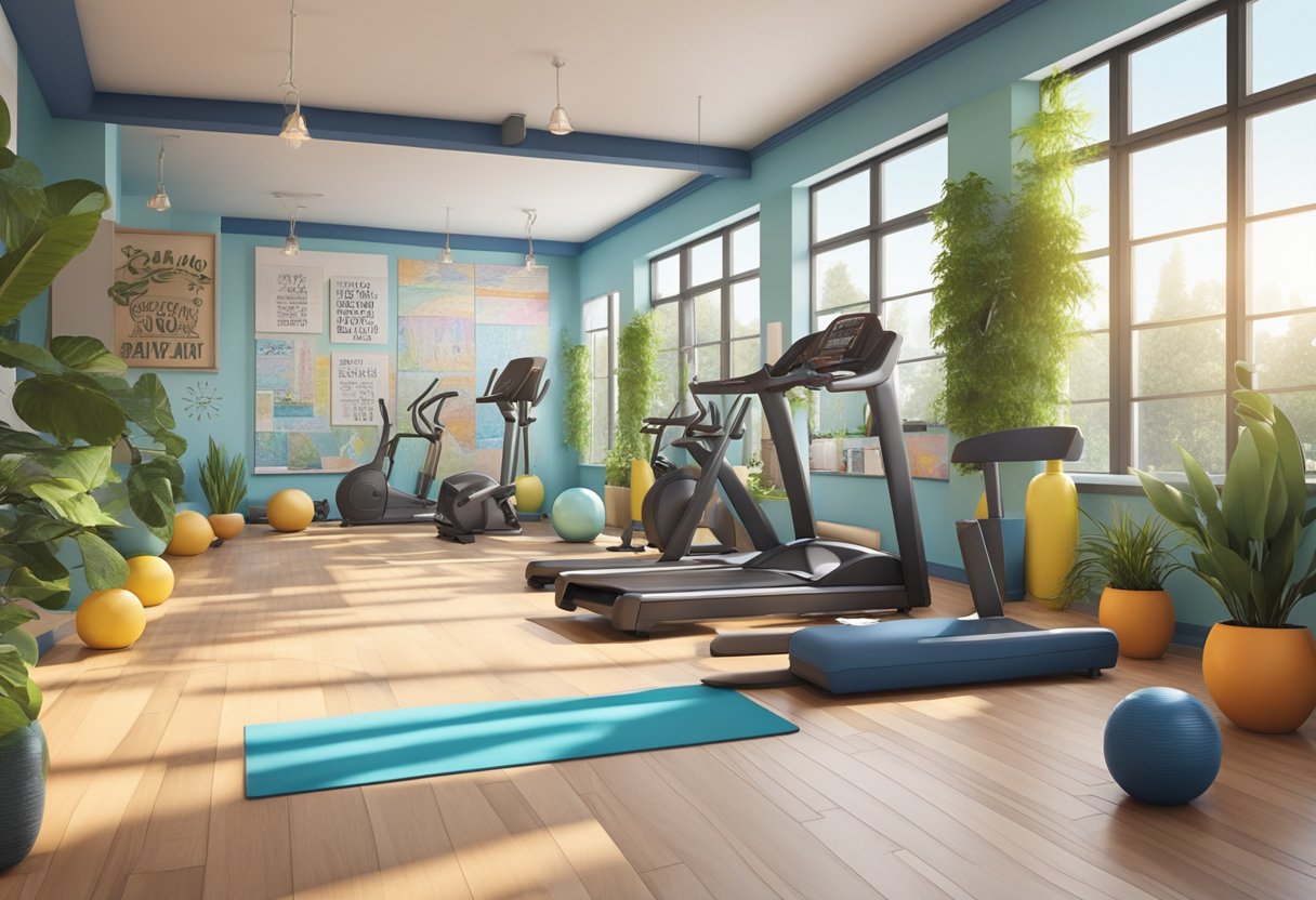 Brightly lit gym space with motivational quotes on walls, colorful fitness equipment, and plants for a fresh atmosphere. A designated area for stretching and yoga is adorned with calming decor
