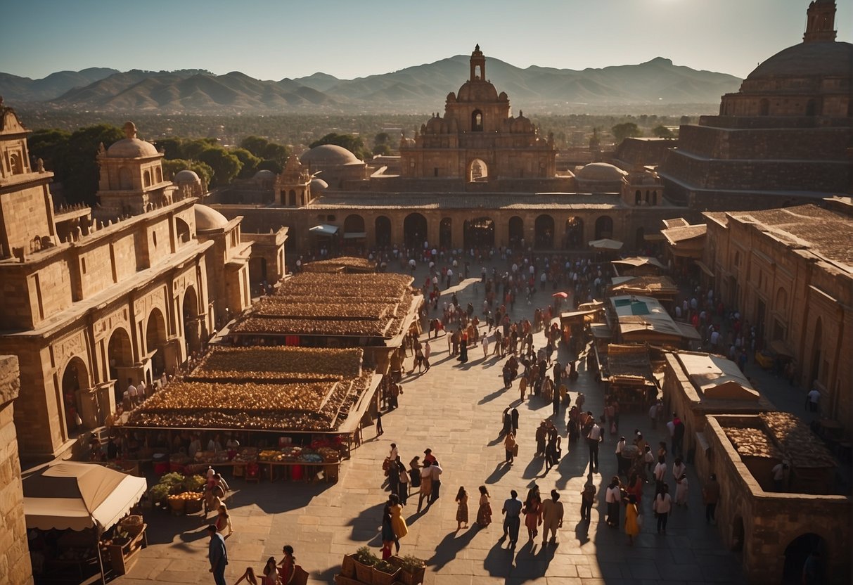 A bustling Mexican marketplace, filled with merchants and customers trading gold coins and jewelry, against a backdrop of ancient Aztec temples and Spanish colonial architecture