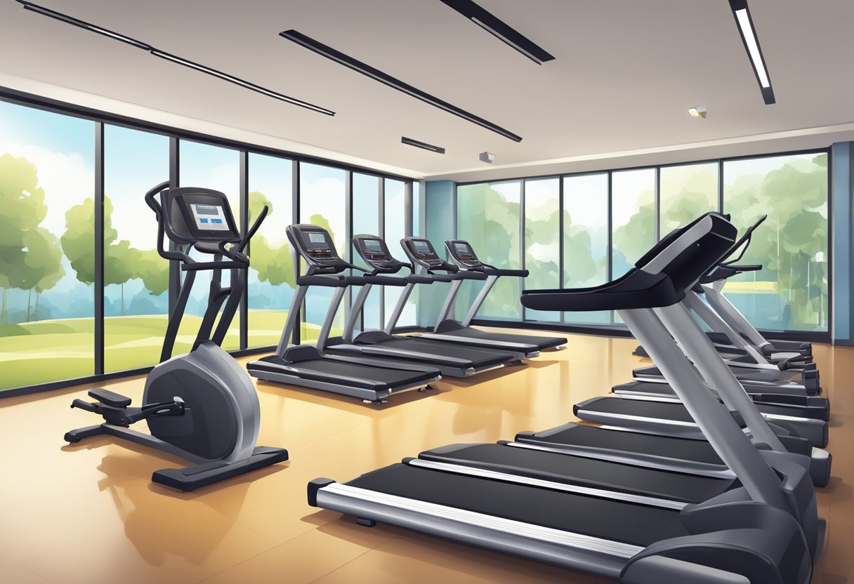 The gym is adorned with sleek, modern equipment - treadmills, weights, and exercise bikes - arranged in an organized and inviting manner