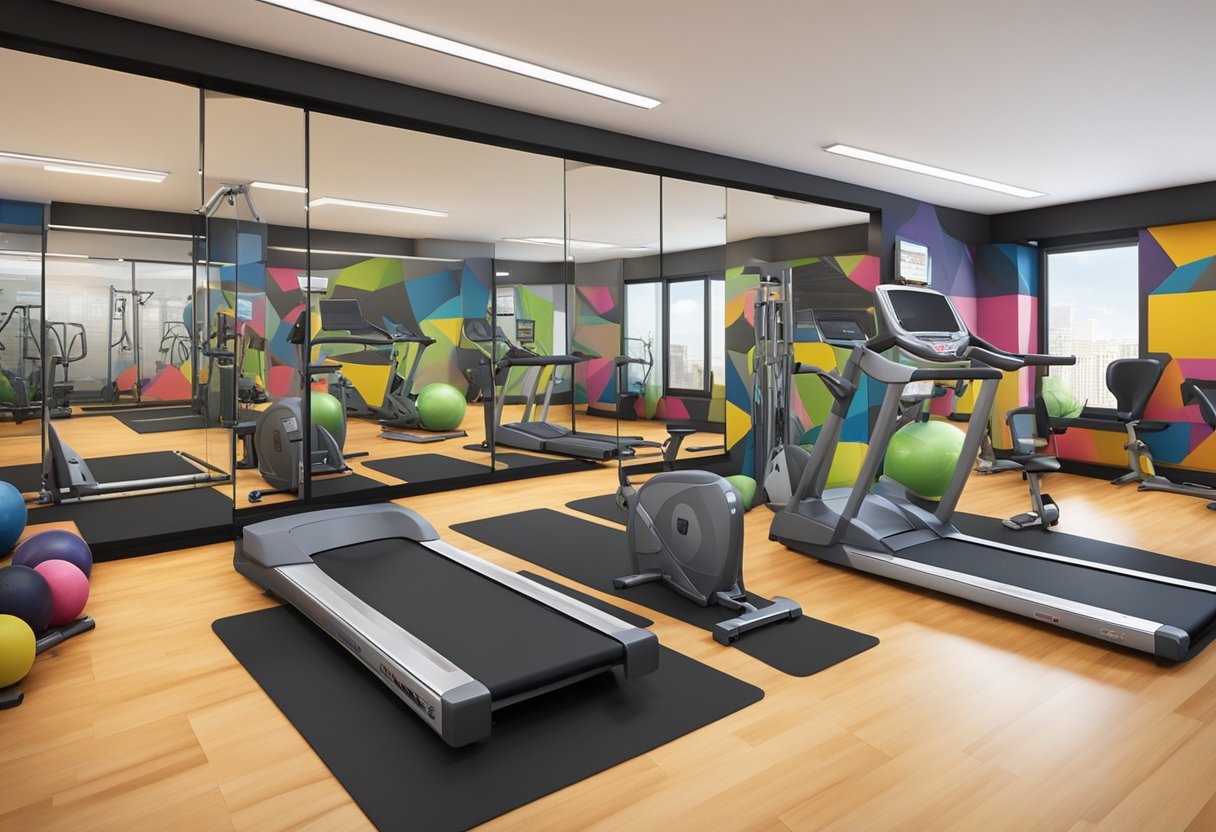 The gym is adorned with motivational quotes, vibrant colors, and modern equipment. The walls are decorated with large mirrors and framed artwork, while the floor is covered in durable rubber mats