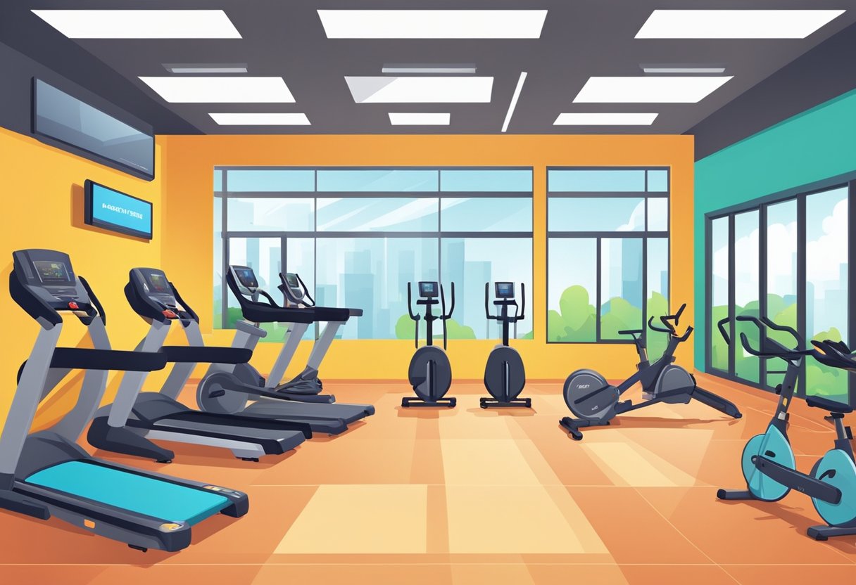 Brightly colored equipment arranged in a spacious, well-lit gym. Motivational quotes and graphics adorn the walls. Clean, modern design with ample space for movement