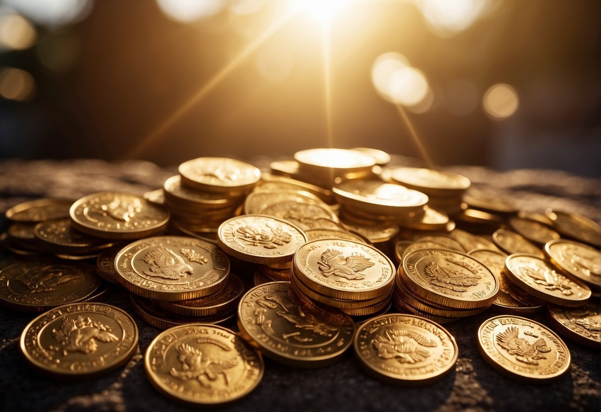 A pile of Mexican gold coins gleaming in the sunlight