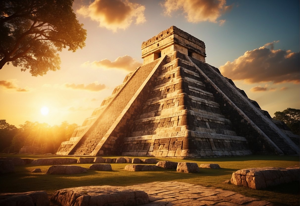 Vibrant sun setting behind ancient Mayan pyramid, adorned with intricate gold designs and imagery. Rich cultural symbolism