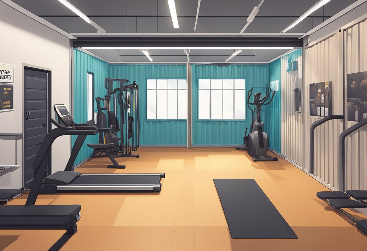 A shipping container converted into a gym with exercise equipment and motivational posters on the walls. Bright lighting and a clean, organized layout