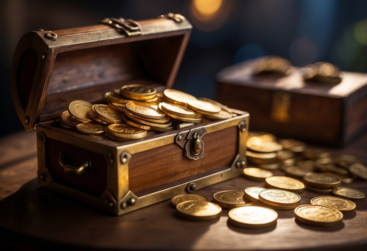 A hand pours gold coins into a treasure chest. Other coins and artifacts are displayed on a table