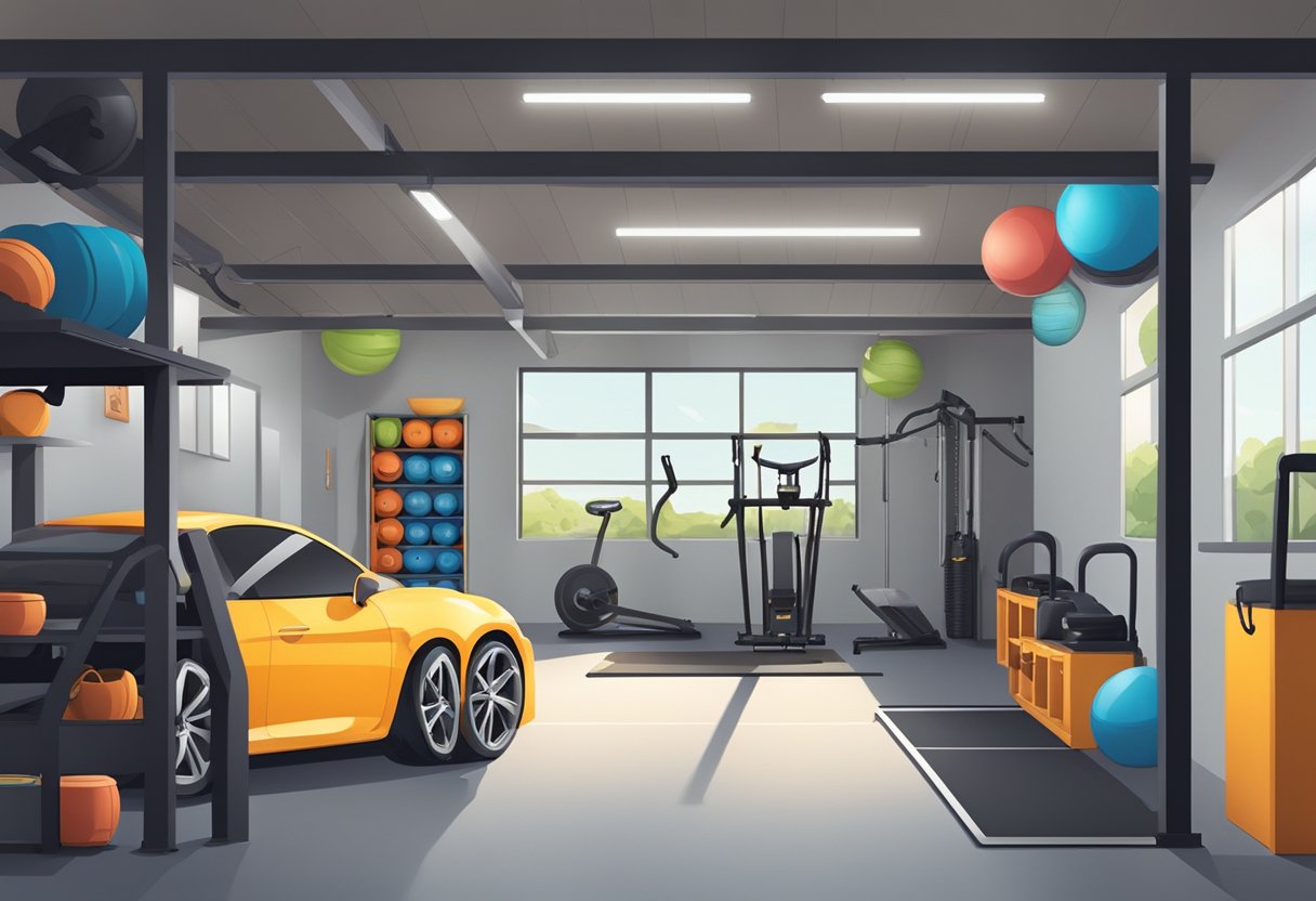 A car parked inside a garage, surrounded by gym equipment and workout gear. Shelves hold weights and exercise mats, while a pull-up bar hangs from the ceiling