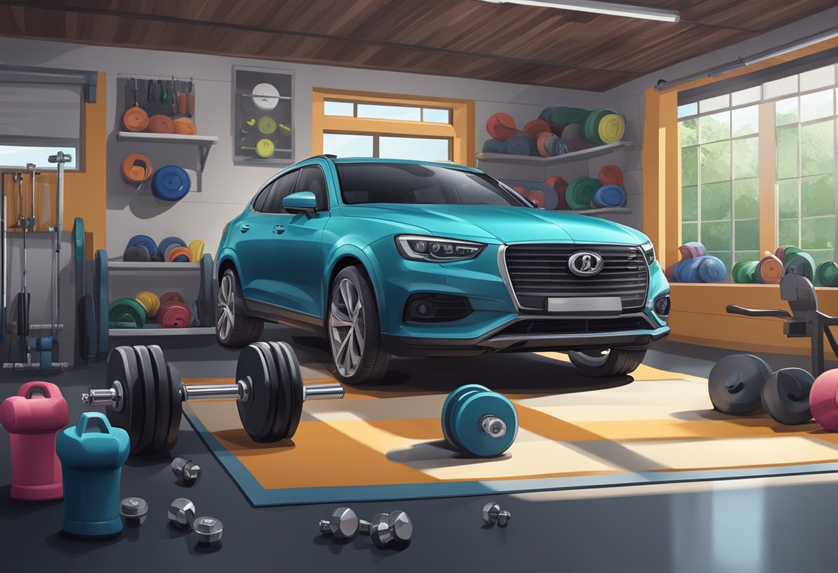A car parked in a garage, surrounded by essential gym equipment like dumbbells, kettlebells, and a weight bench