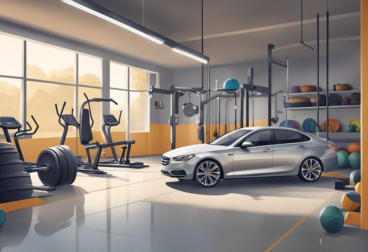 A car parked in a spacious garage with workout equipment neatly arranged around it, creating a functional and organized workout space