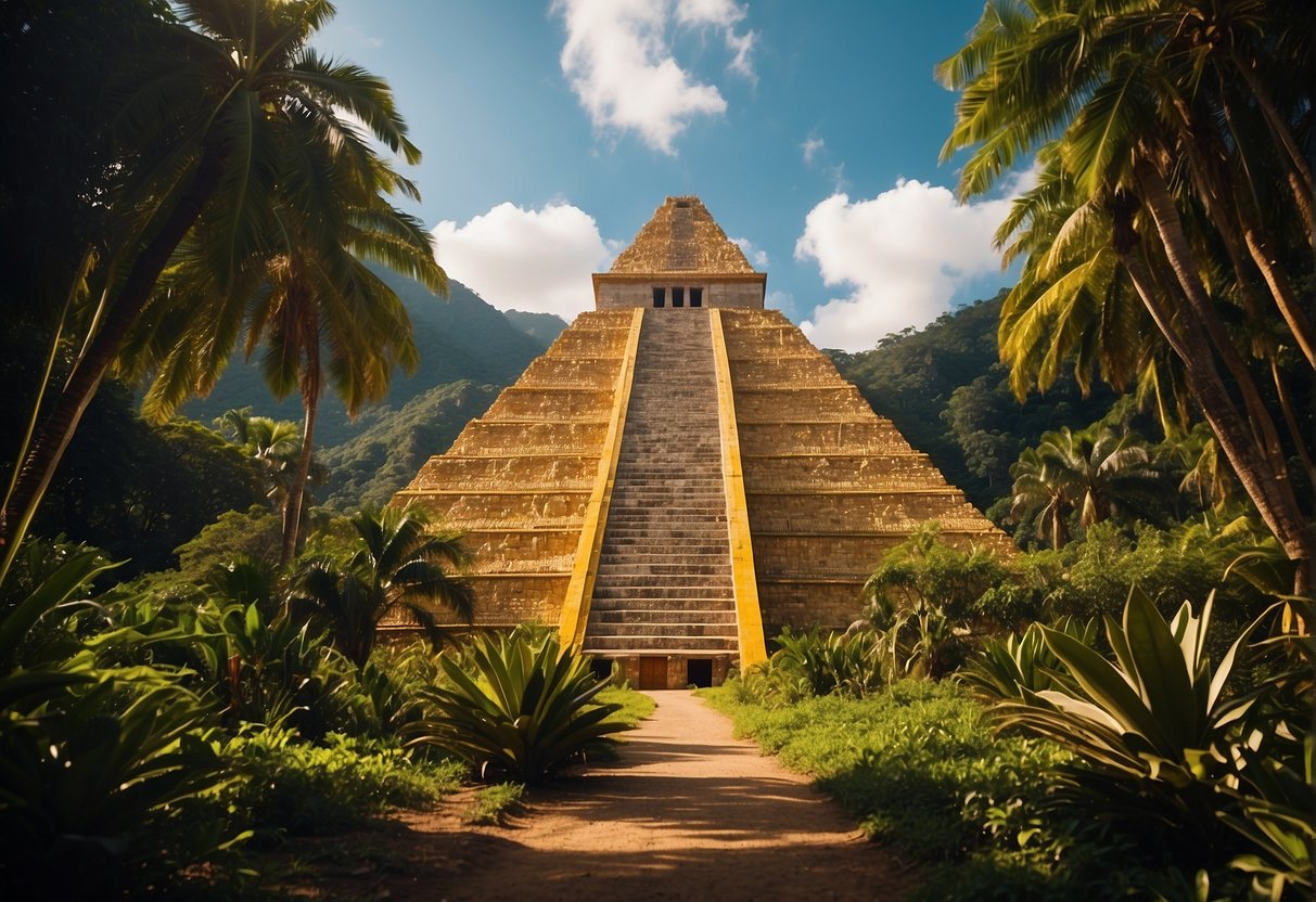 A vibrant Mexican pyramid adorned with intricate gold designs stands against a backdrop of lush green jungle, symbolizing the rich cultural significance of Mexican gold