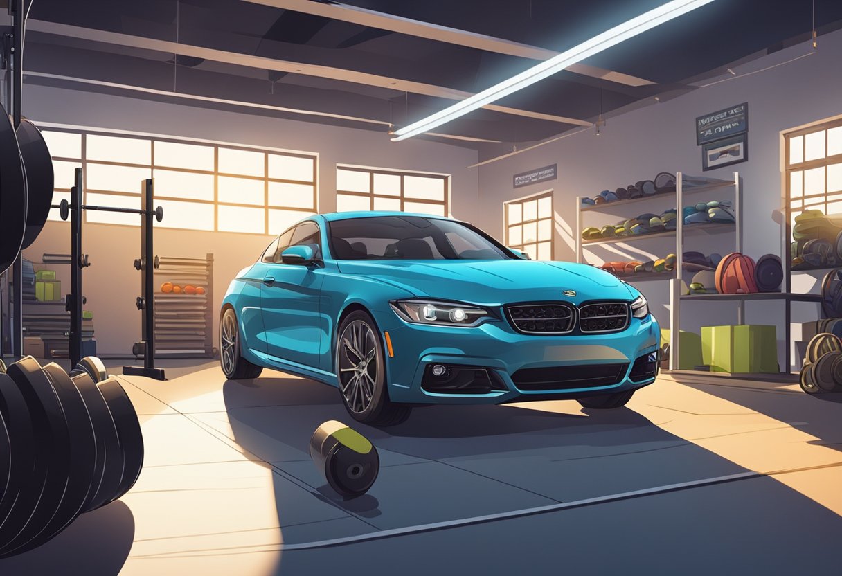 A car parked inside a spacious garage, surrounded by workout equipment and motivational posters, with bright lighting and an organized layout