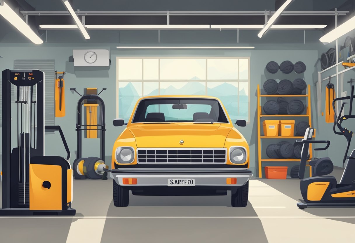 A car parked in a spacious garage with gym equipment neatly organized along the walls. Safety signs and maintenance tools are visible