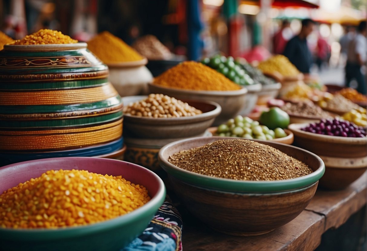 A bustling Mexican market with vibrant colors, traditional textiles, and intricate gold jewelry on display. The aroma of spicy street food fills the air as vendors call out to passersby