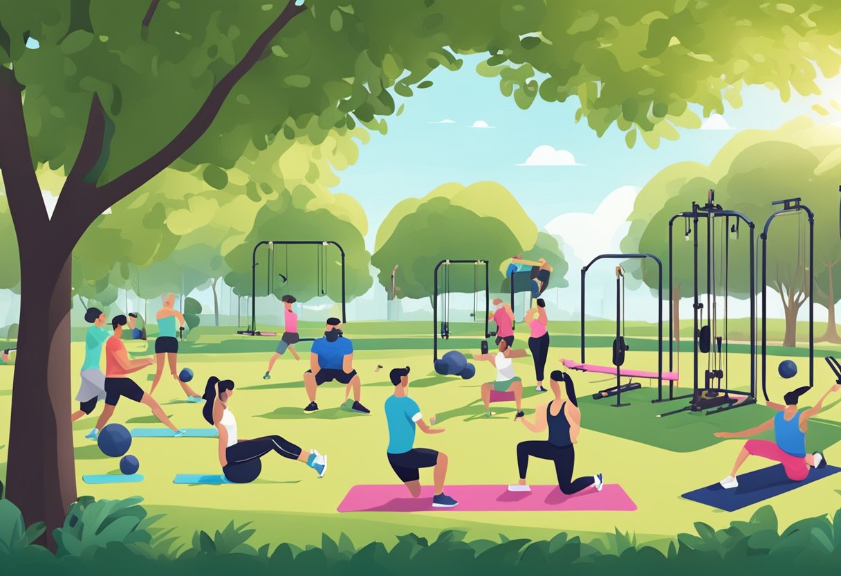 A mobile gym set up in a park, with various exercise equipment like resistance bands, yoga mats, and dumbbells scattered on the grass. A group of people are seen working out under the shade of a tree