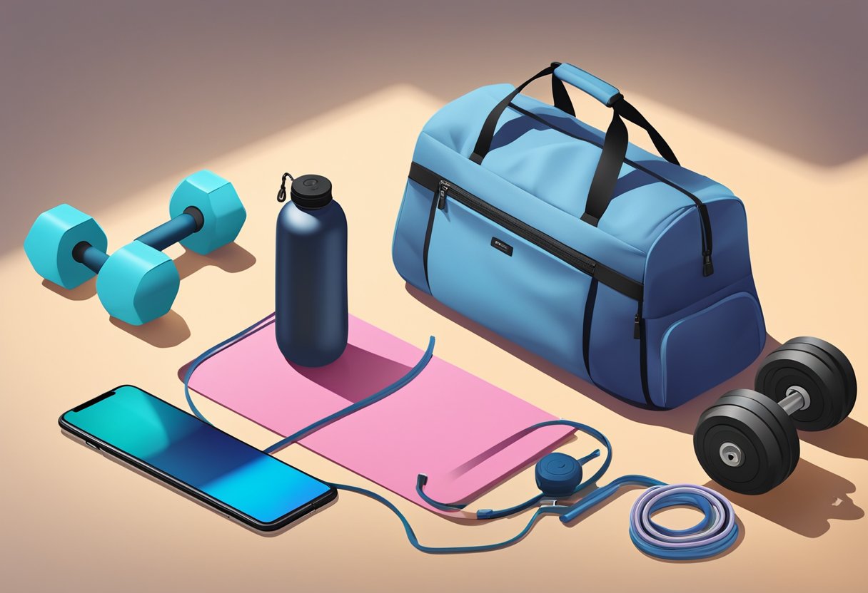 A compact duffel bag open on the floor, revealing resistance bands, jump rope, yoga mat, and adjustable dumbbells. A smartphone and water bottle sit nearby